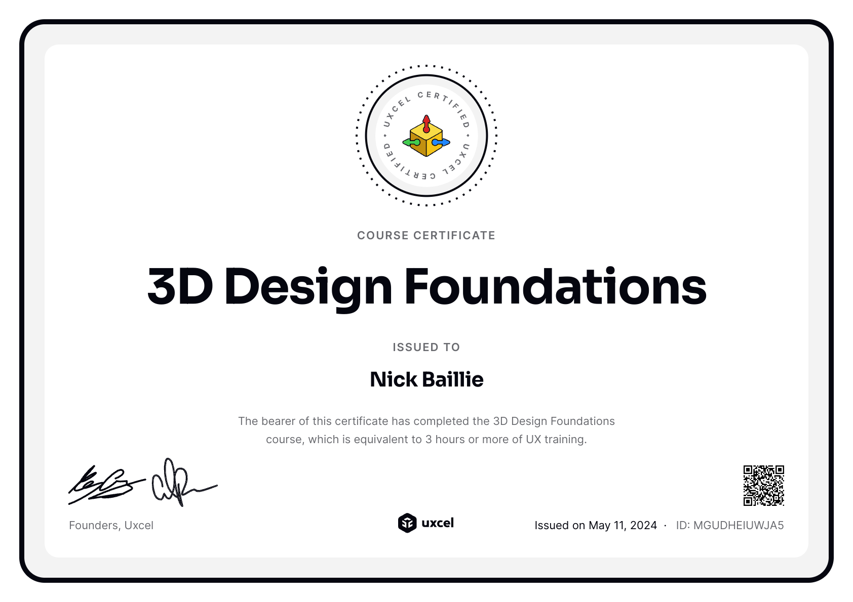 Nick Baillie's certificate